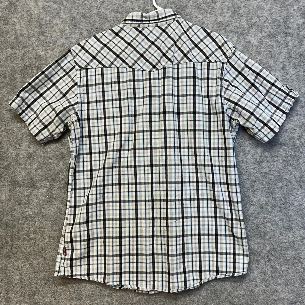 English Laundry Lions Crest Shirt Mens Large Plaid Black Short Sleeve Pearl Snap